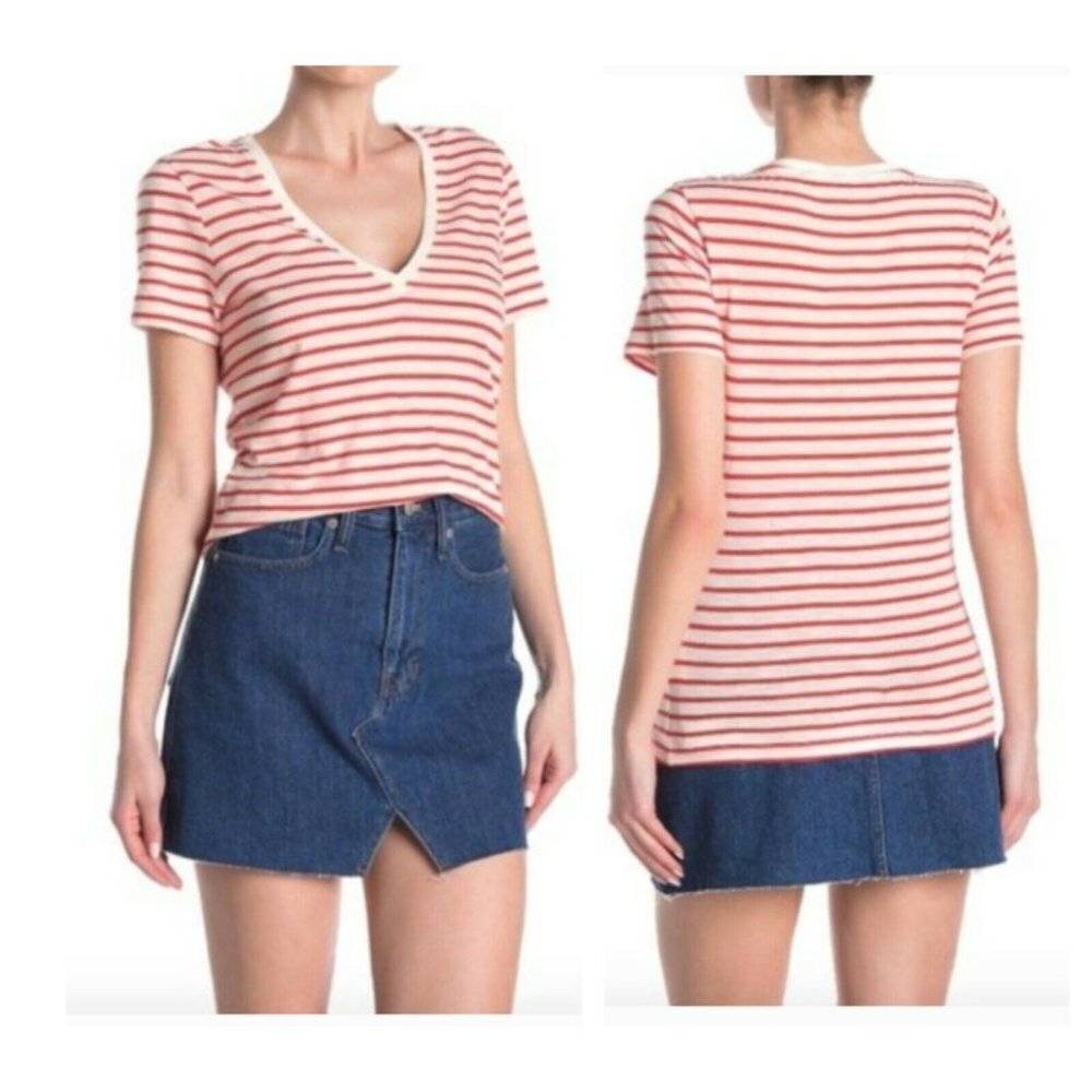Madewell T-Shirt Theresa V-Neck Stripes Tee Ripe Persimmon NWT XS